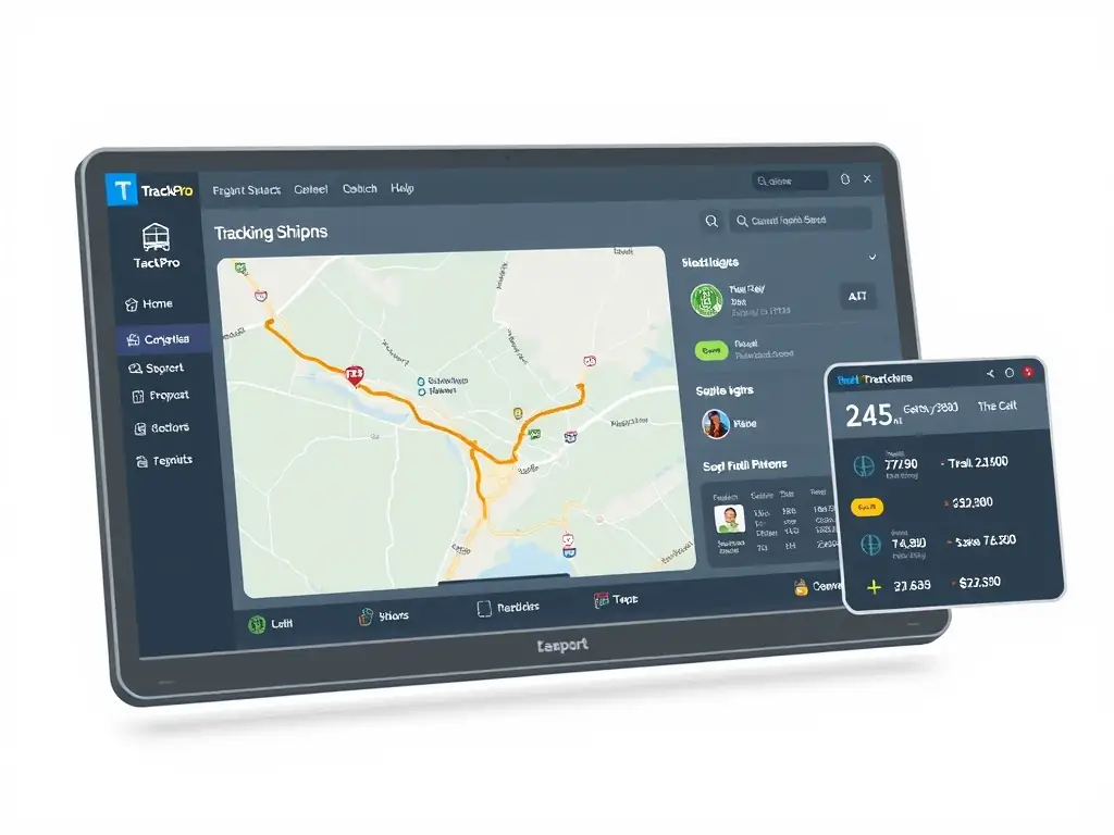 User interface of TrackPro's tracking system with a map and shipment details.