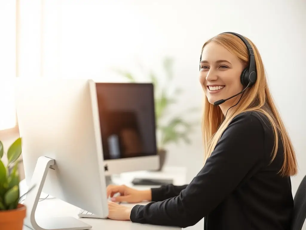 A customer service representative assisting a client via a computer screen.