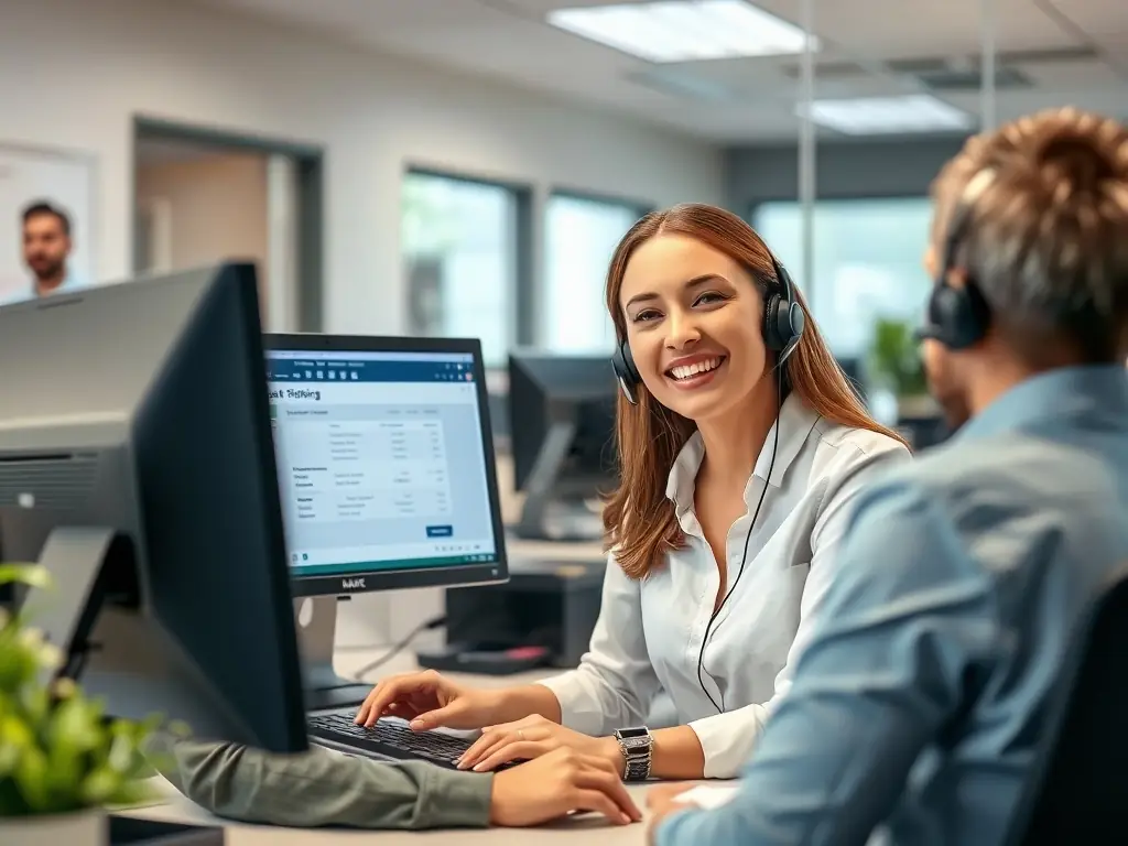 Customer service representative assisting a user with shipment tracking in a modern office.